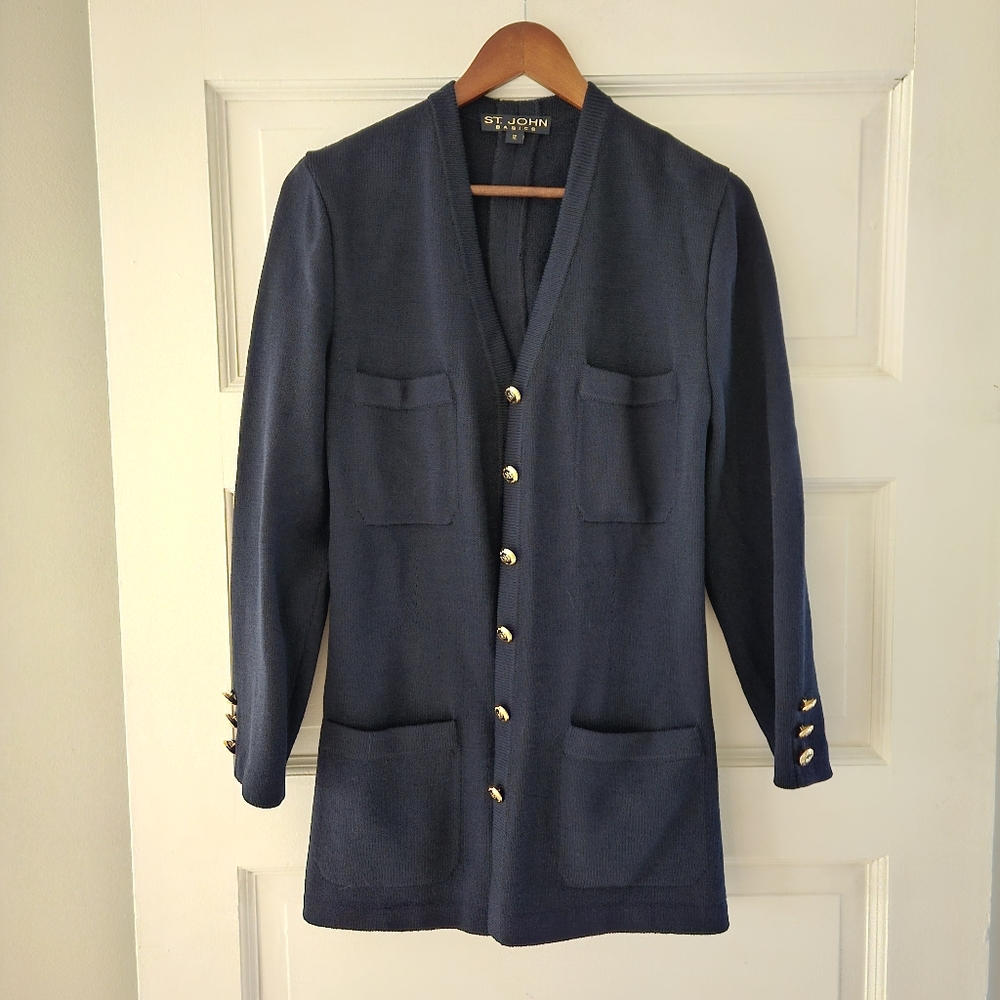 St. John dark blue/ navy knit blazer jacket cardigan, gold buttons